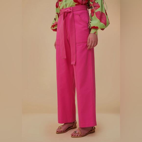 Farm Rio Bright Pink Wide Leg Tie Belt Cotton Pants NWT Size 28 - Picture 1 of 12